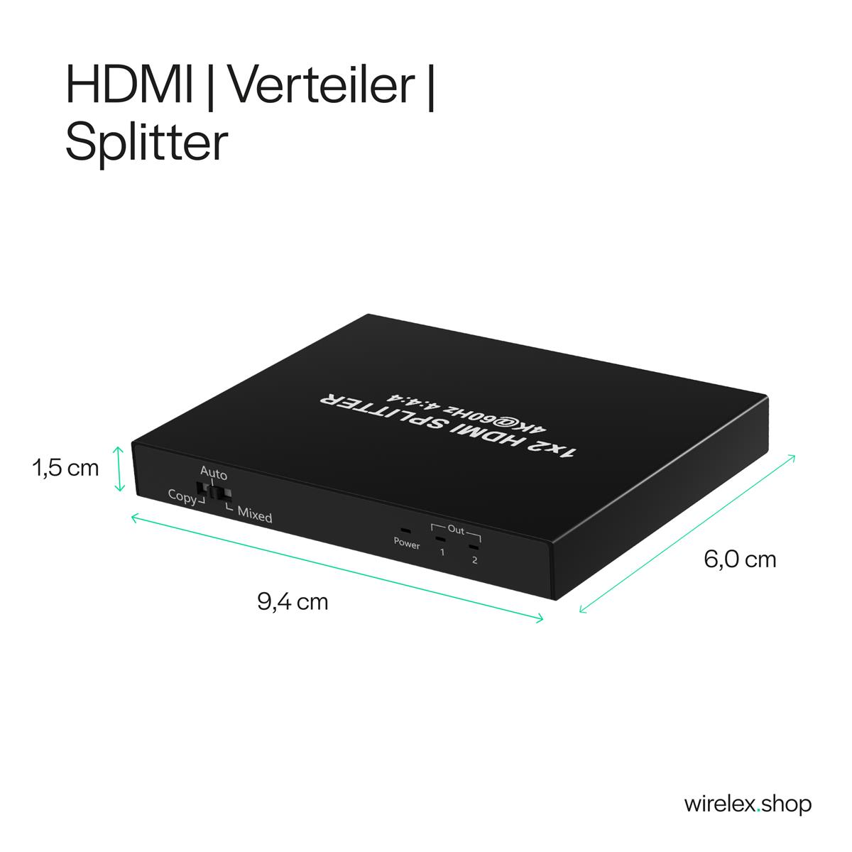 Schwarzer HDMI-Splitter mit Abmessungen und Text: 'HDMI Splitter'.