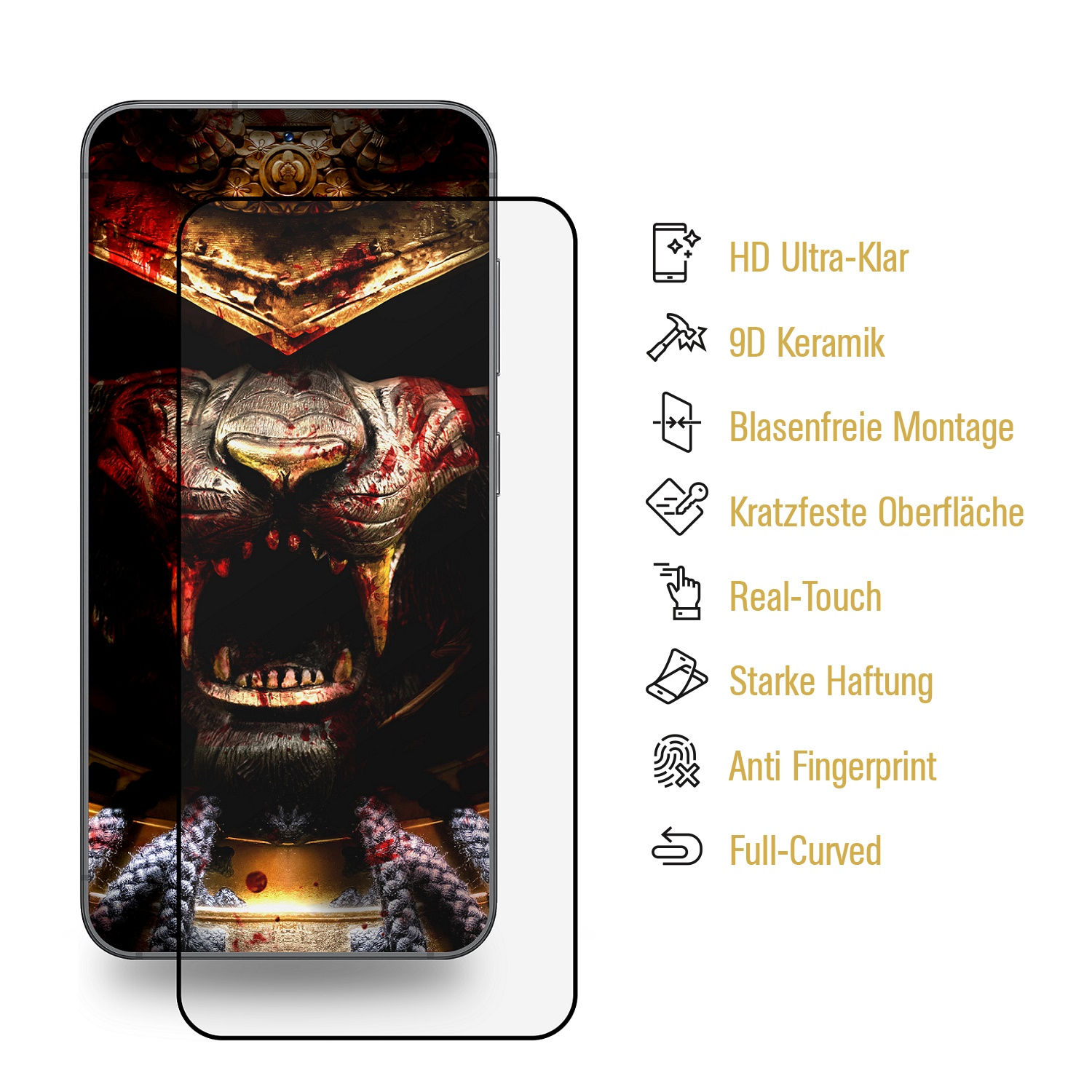 Telefon mit Displayschutz. Ein Kriegergesicht befindet sich auf dem Telefonbildschirm. Symbole rechts zeigen Funktionen an.