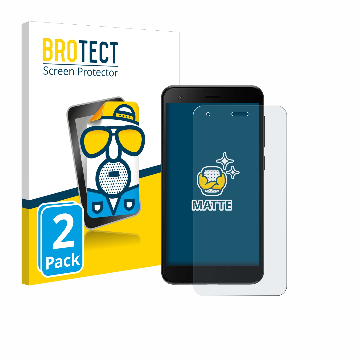Brotect Displayschutzfolie Box und Schutzfolie auf einem Telefon. Weißer Hintergrund. Mattes Display.