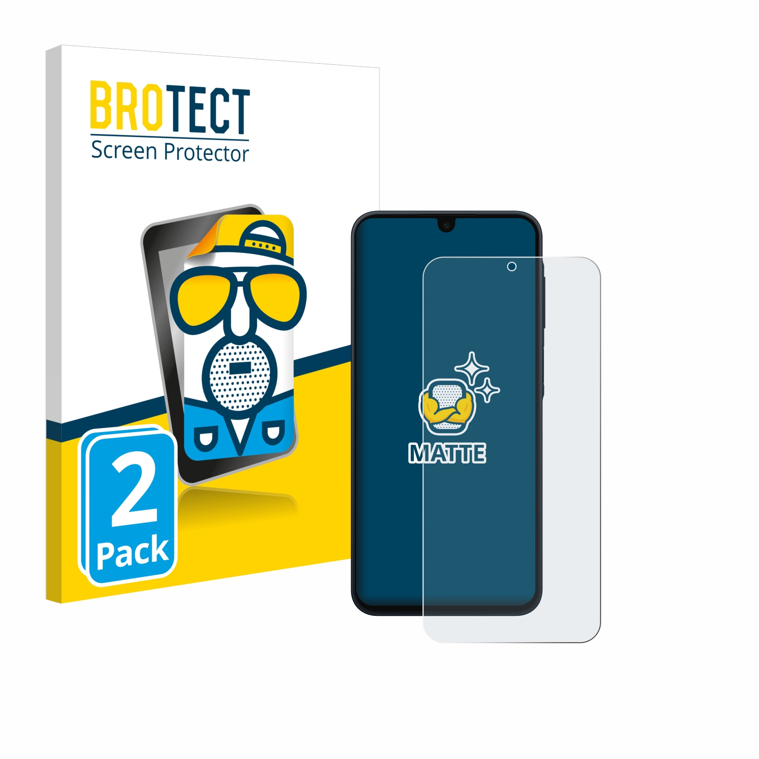 Brotect-Displayschutzfolienbox, ein Telefon und eine matte Displayschutzfolie auf weißem Hintergrund.