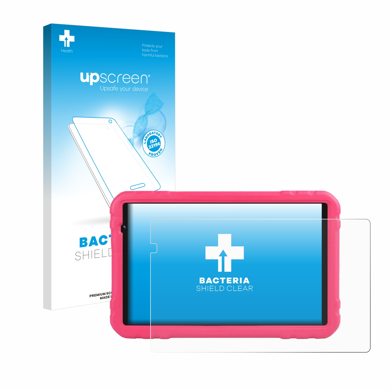 Ein Displayschutz, ein rosa Tablet und seine Box werden angezeigt. Die Box ist weiß und blau.
