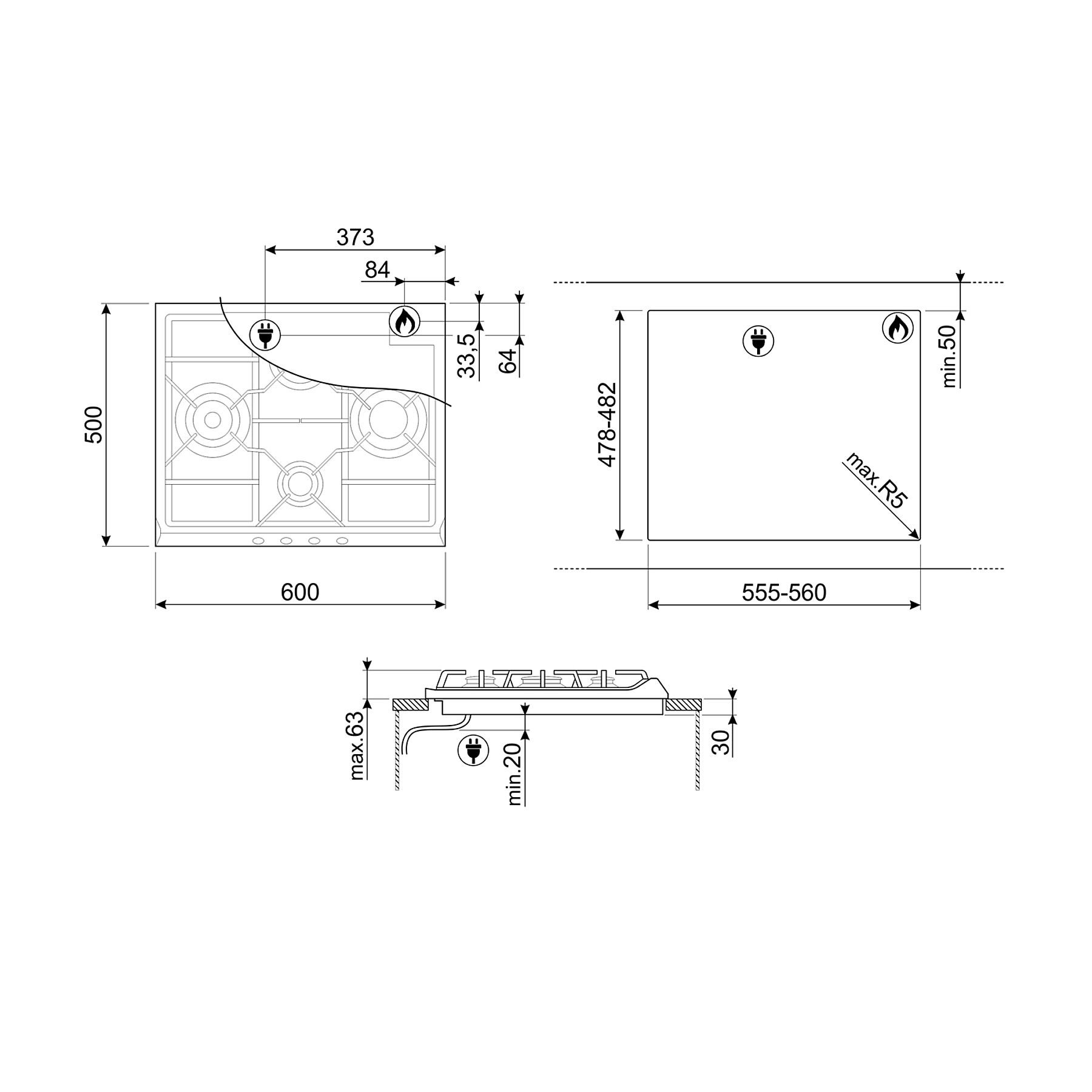 Disegno tecnico di un piano cottura a gas con dimensioni, che mostra viste dall'alto e laterali.
