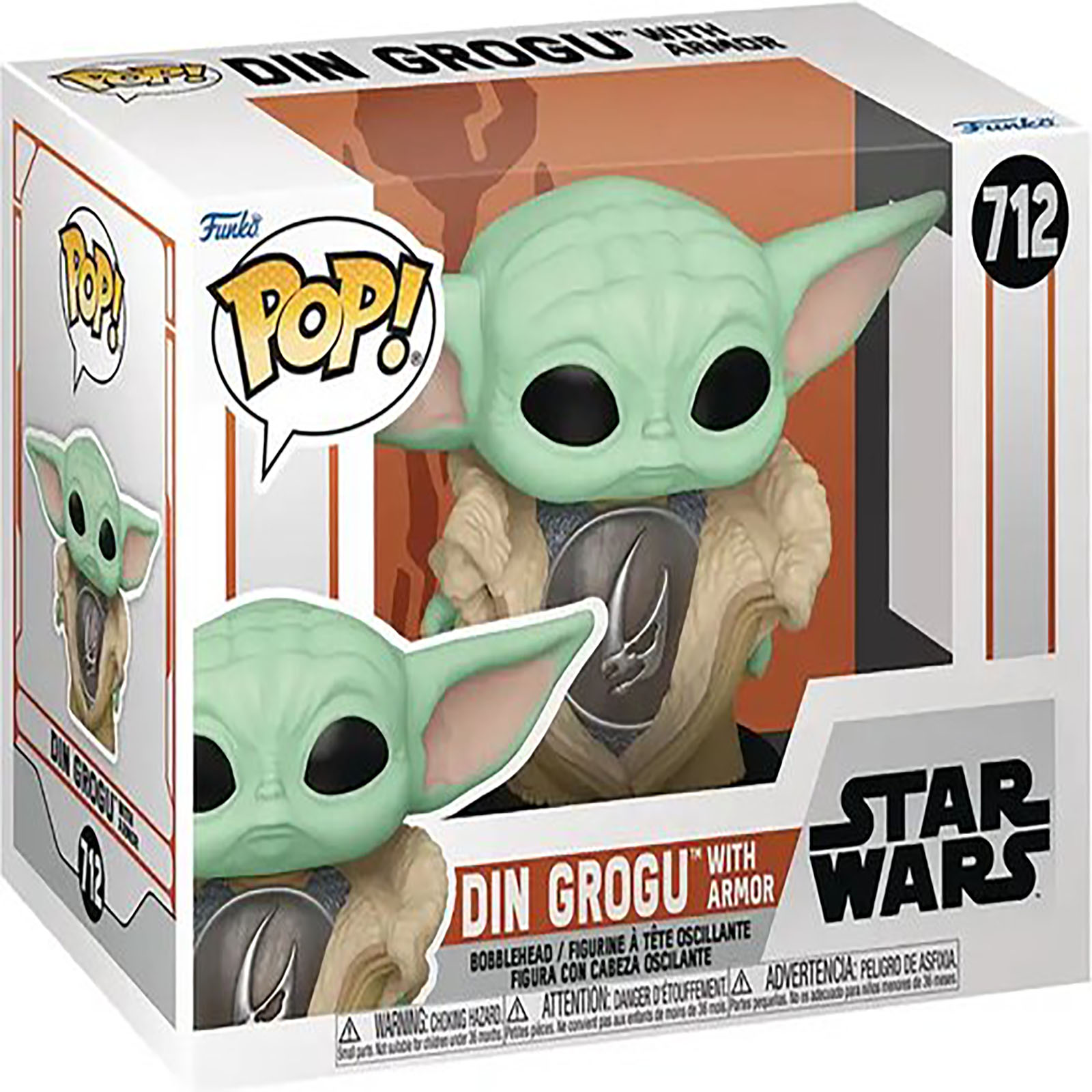 Una figura de Grogu de Star Wars en una caja, etiquetada 'DIN GROGU WITH ARMOR', fondo blanco.