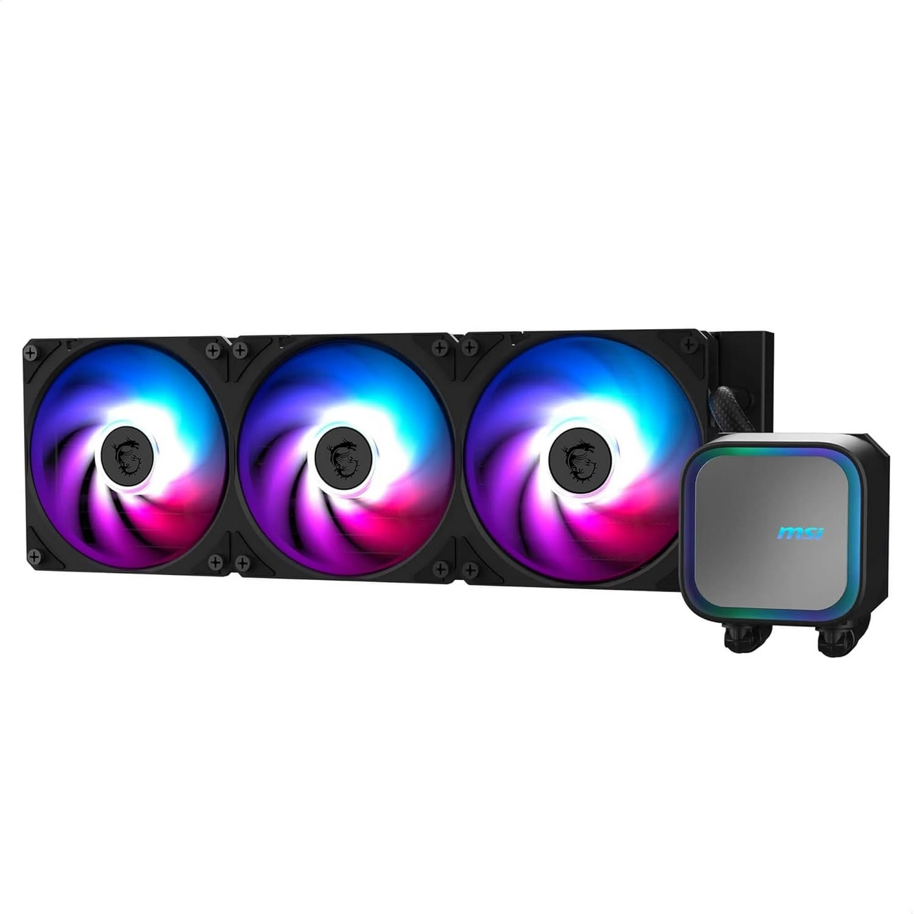 System chłodzenia wodnego komputera z trzema wentylatorami i pompą.