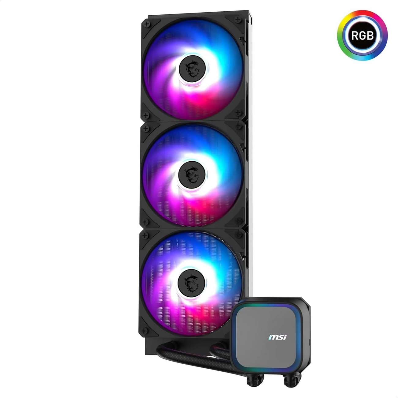 Czarny system chłodzenia PC z 3 wentylatorami. Wentylatory mają oświetlenie RGB i logo MSI.