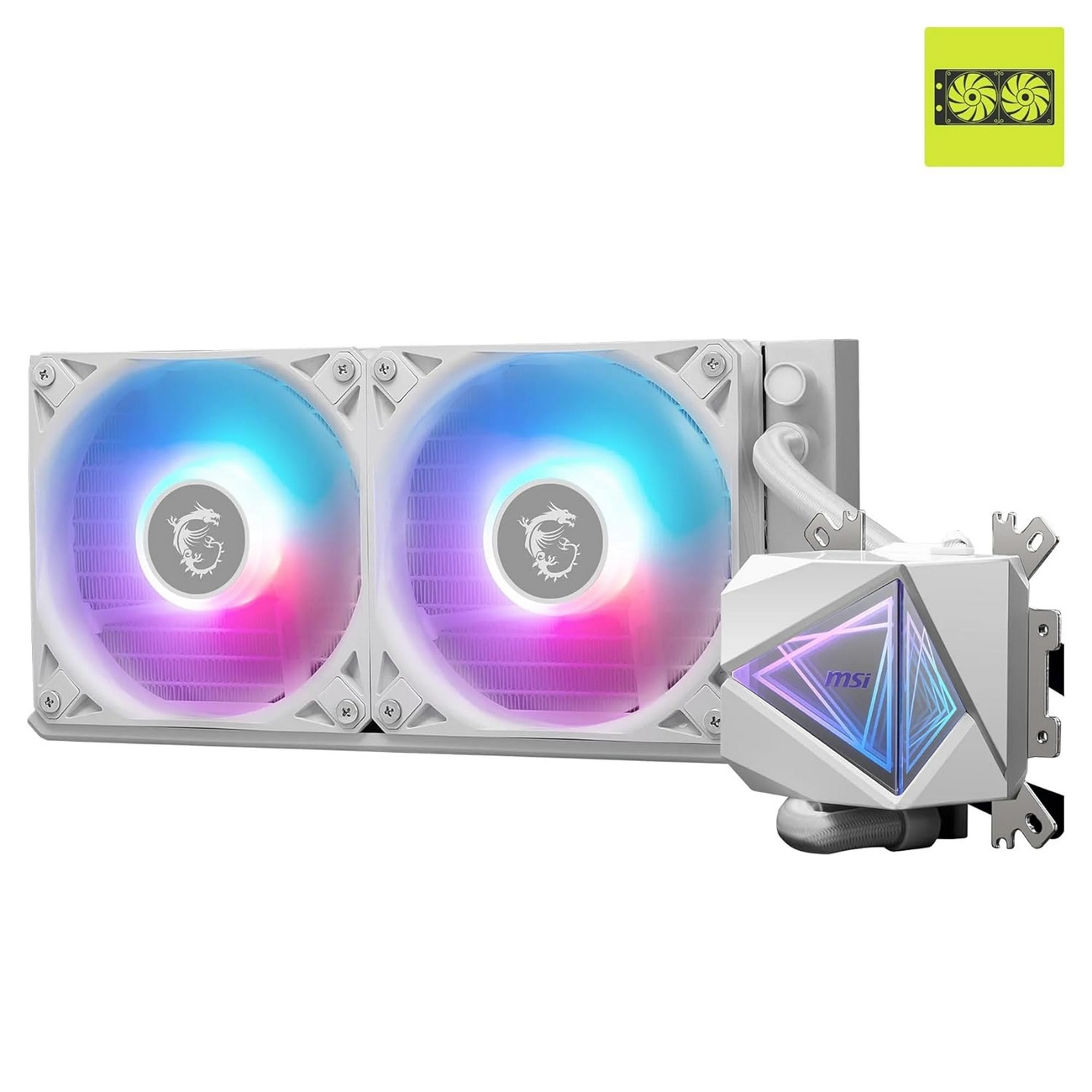 Biały system chłodzenia komputera z wentylatorami i logo MSI, z podświetleniem RGB.