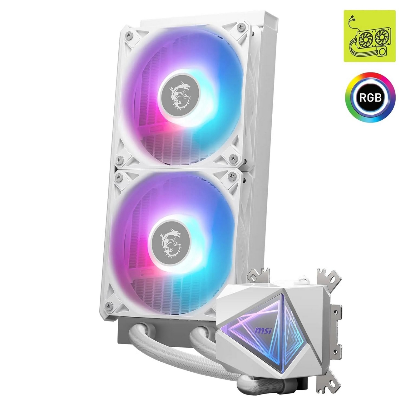 Biała chłodziarka cieczy MSI z wentylatorami RGB. Wentylatory mają kolorowy wzór światła.