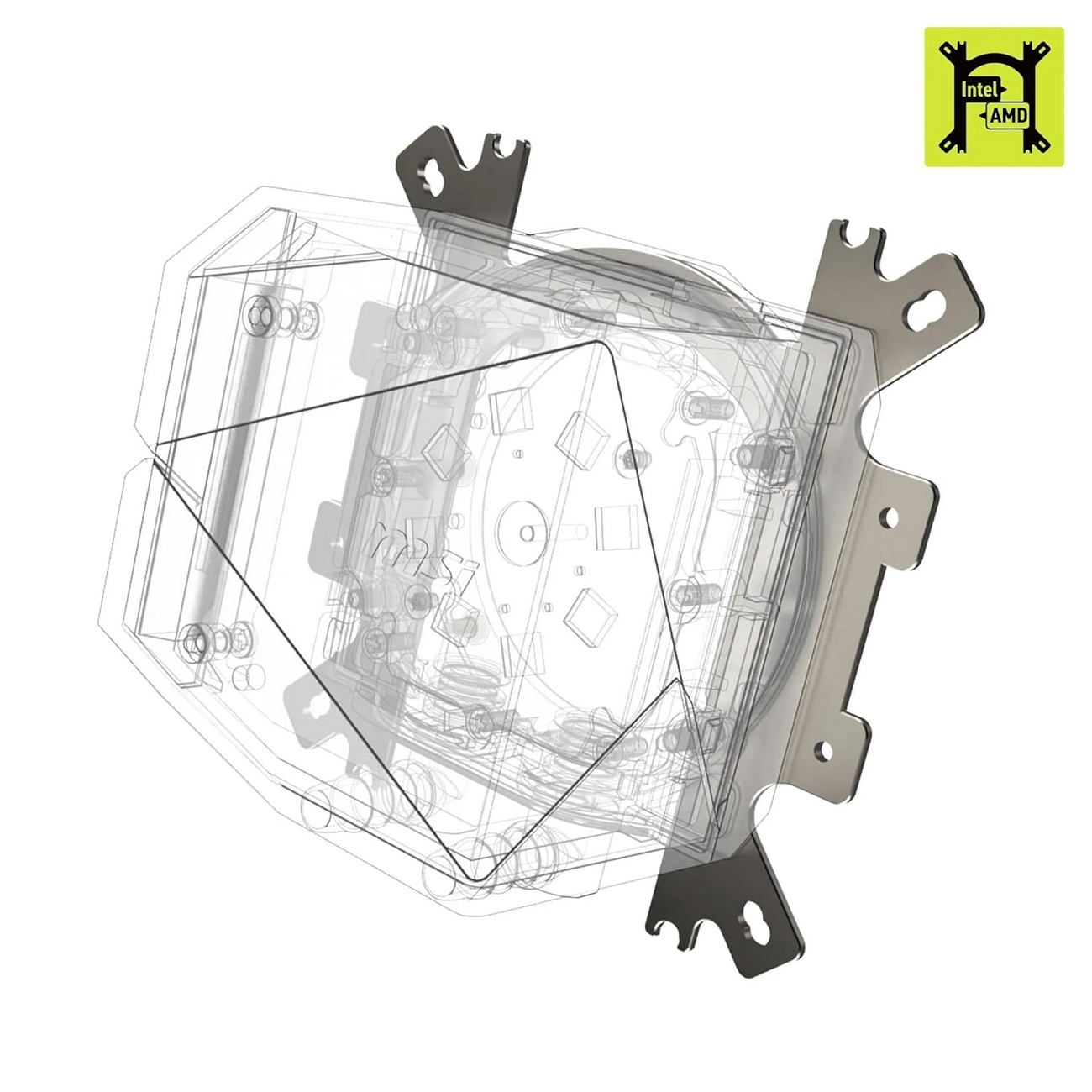 Przezroczysty model chłodnicy procesora z uchwytami montażowymi.
