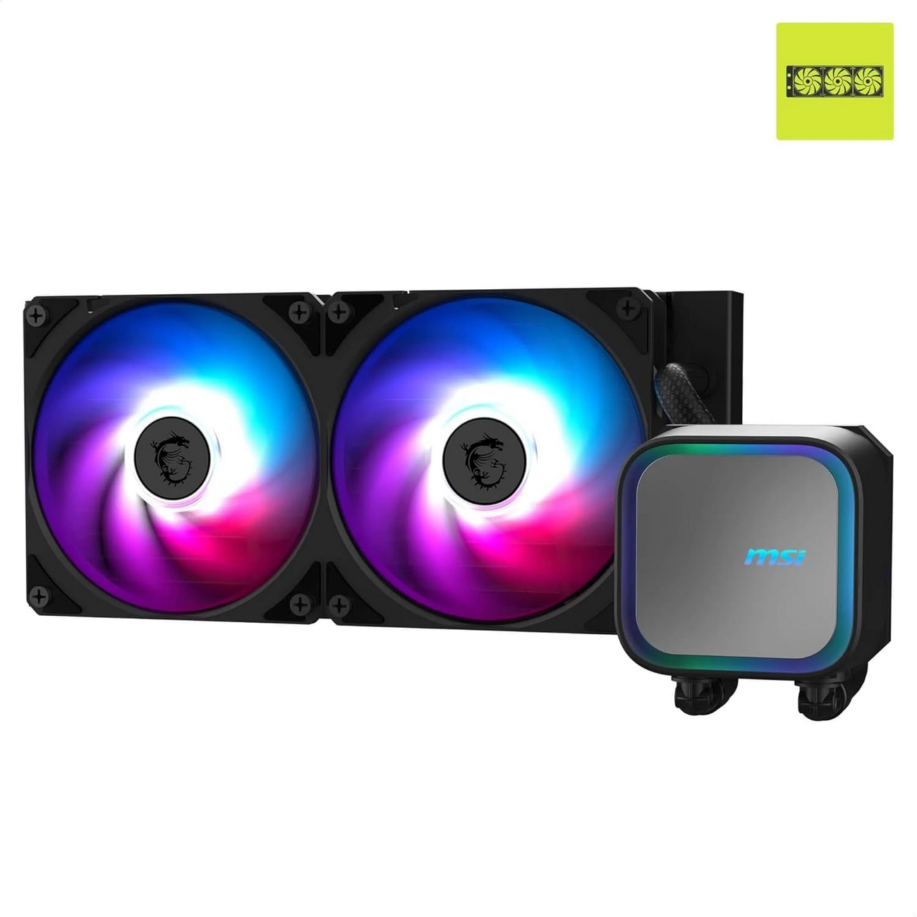Chłodzenie cieczą MSI z dwoma wentylatorami i pompą. Wentylatory mają RGB, pompa ma logo MSI.