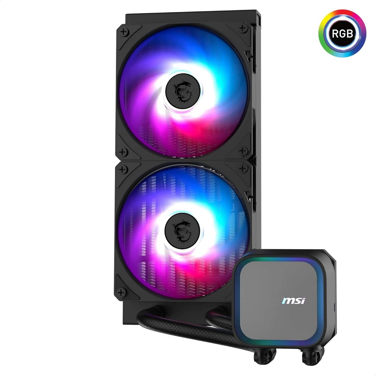 Wentylatory chłodzące komputera z wielokolorowymi światłami i kwadratowym chłodzeniem procesora.