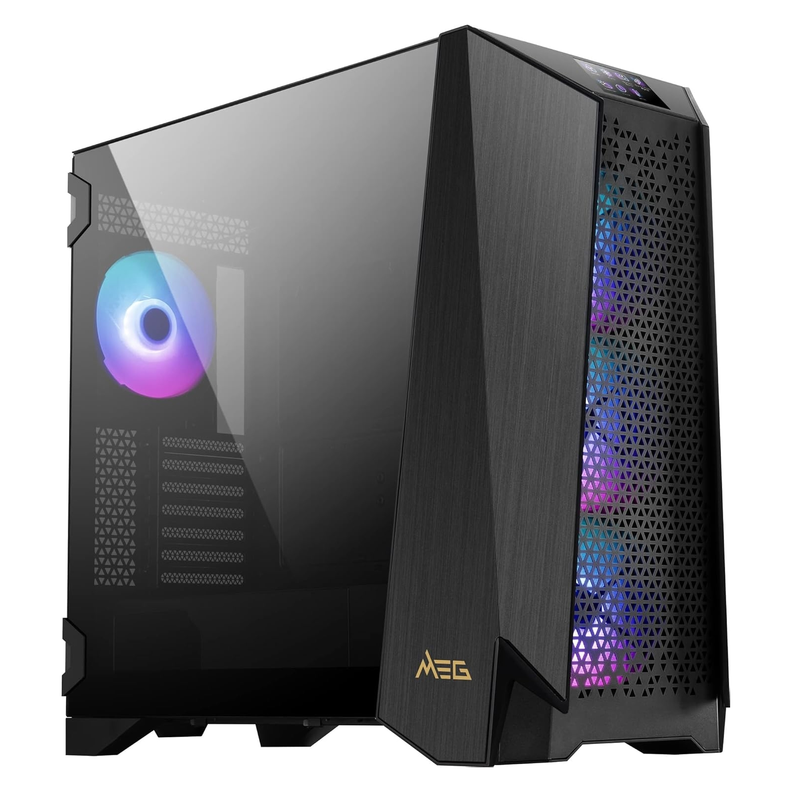 Caja de PC negra con panel lateral de vidrio, componentes internos visibles. Luces y logotipo.