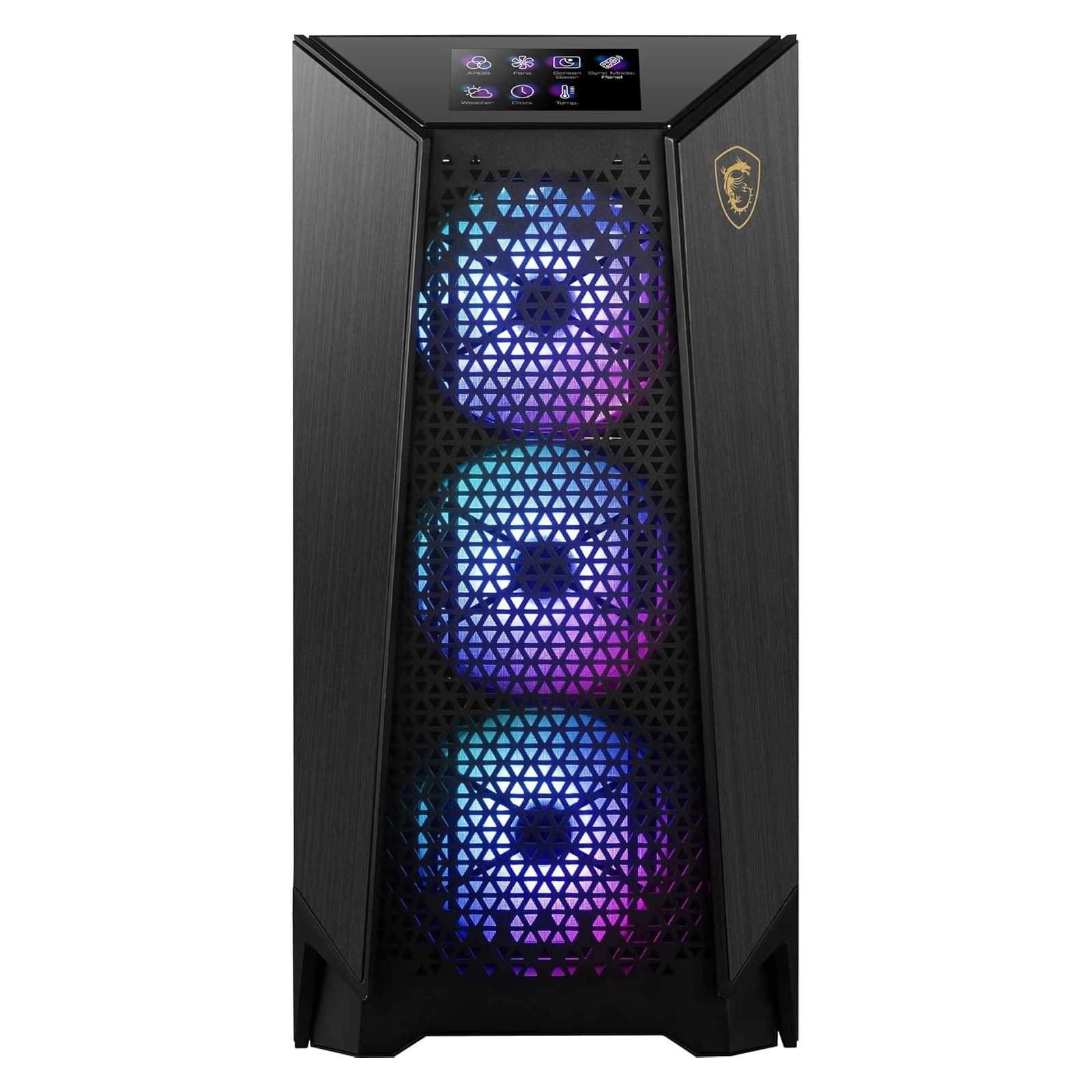 Carcasa de ordenador negra con ventiladores RGB. Logotipo de MSI visible.