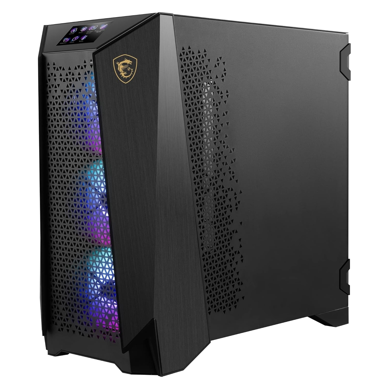 Carcasa de PC gaming MSI negra, con iluminación RGB. Vista en ángulo. Fondo blanco.