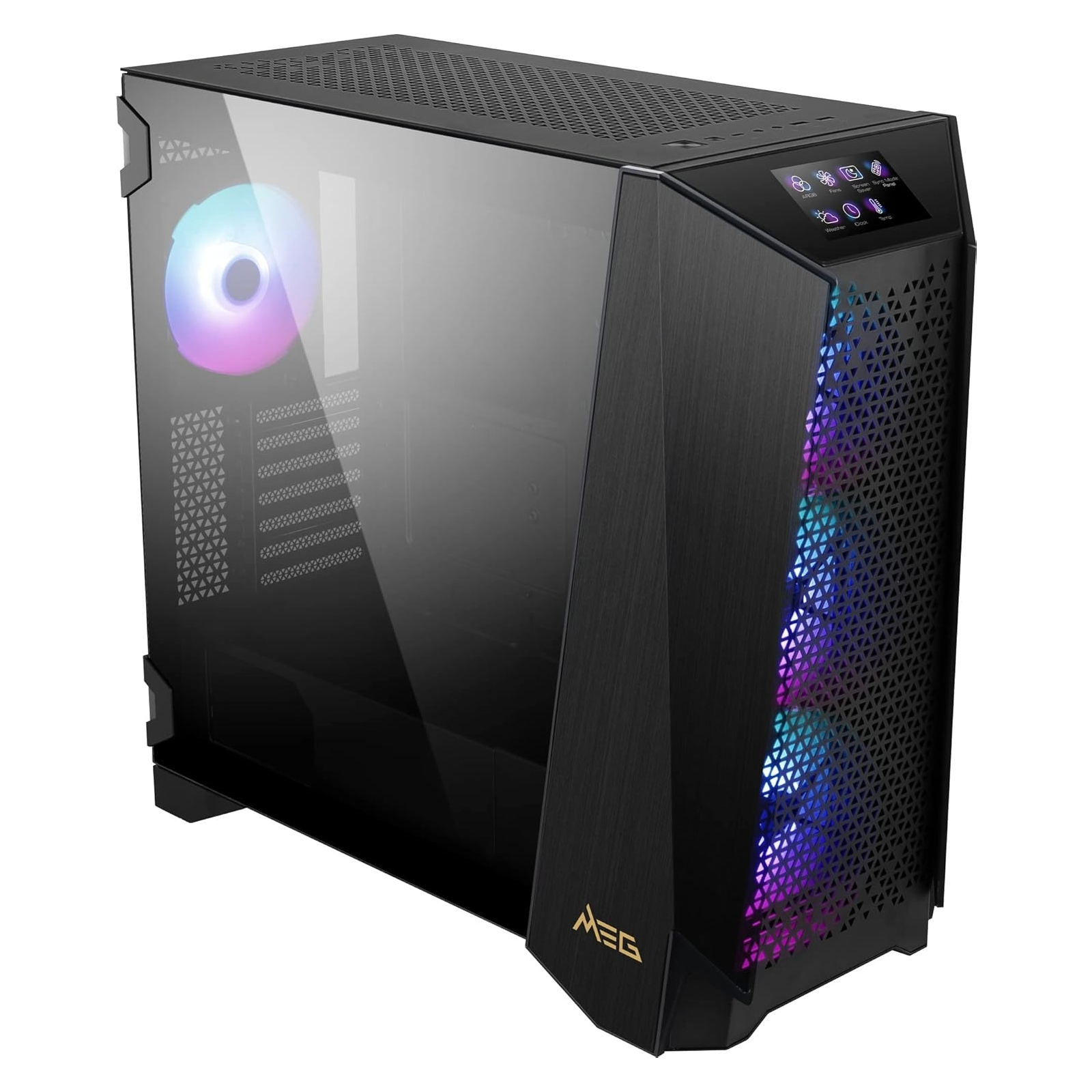 Caja de computadora negra con panel lateral de vidrio. Cuenta con luces y el logotipo MEG en el frente.