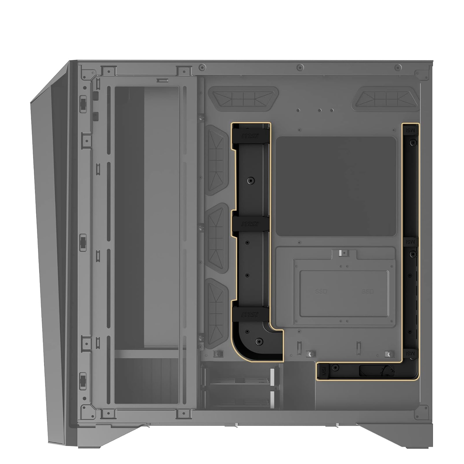 Una caja de computadora, abierta, que muestra componentes internos, varios colores y texturas.