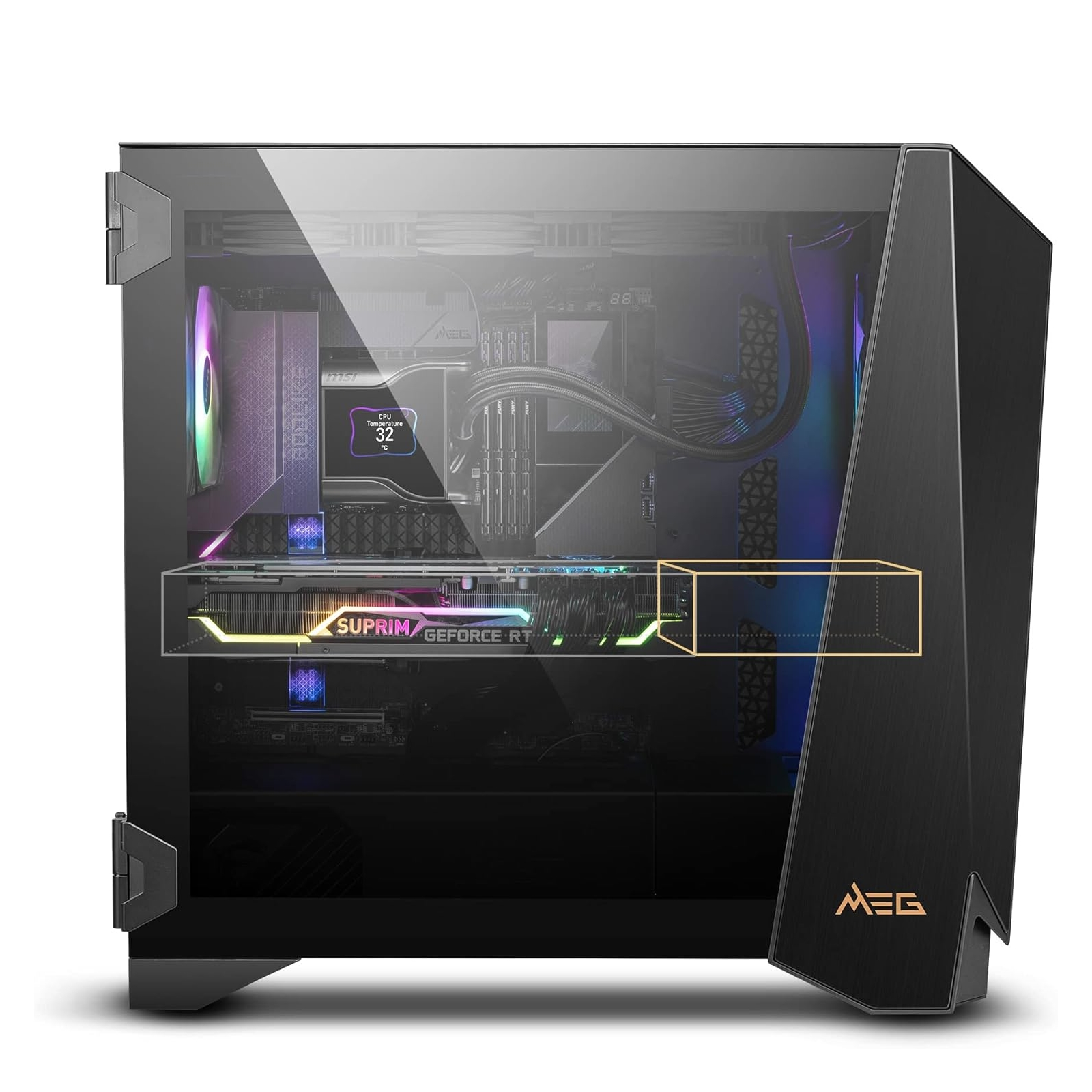 Una carcasa de computadora con lado de vidrio, mostrando componentes con luces coloridas.