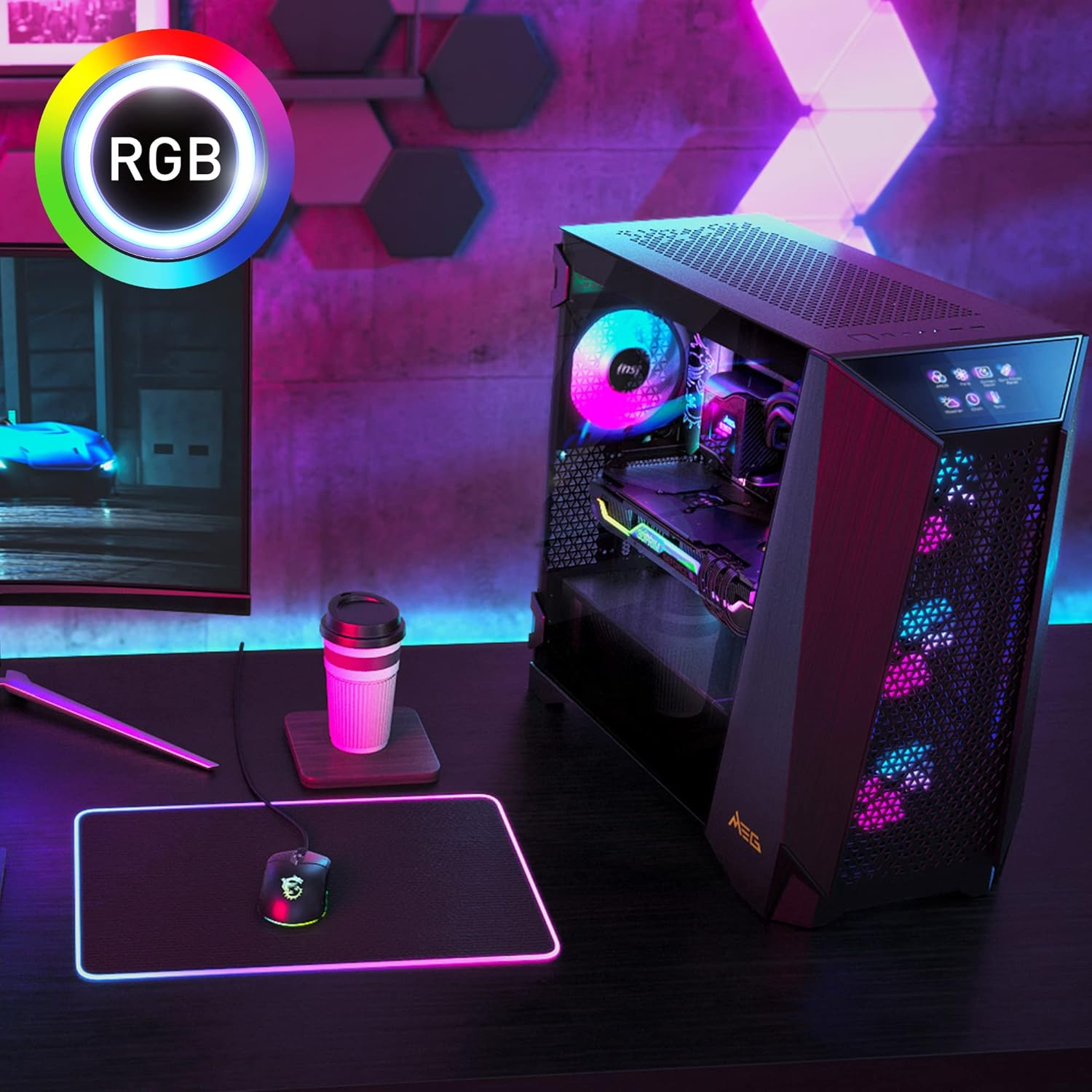 Ordenador para juegos con luces RGB. Incluye un monitor, un ratón y una alfombrilla.
