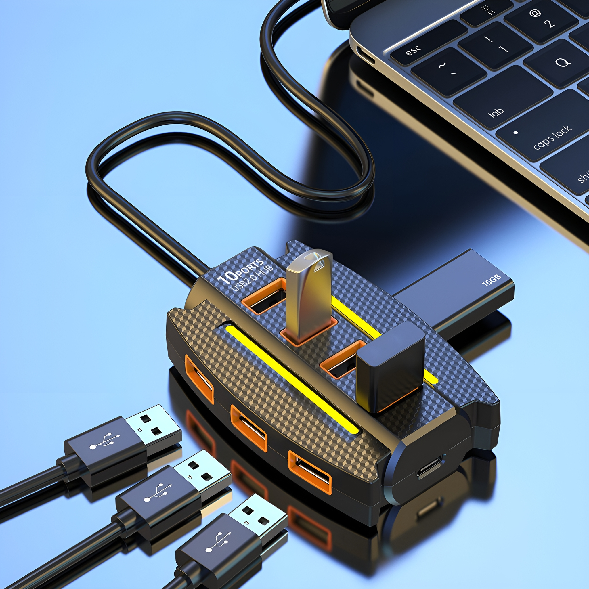 Schwarz-oranger USB-Hub, an einen Laptop angeschlossen. Mehrere USB-Anschlüsse und USB-Laufwerke sind sichtbar.
