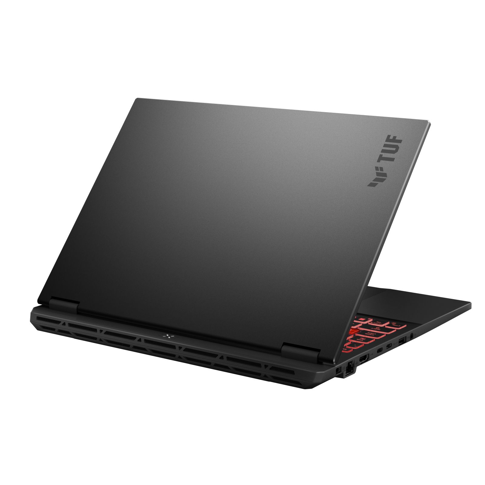 Laptop nero con coperchio aperto. La tastiera è visibile. Lo sfondo è bianco.