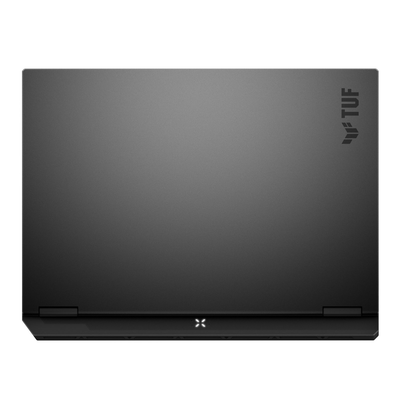 Una vista dall'alto di un laptop nero con il logo 'TUF' e una X azzurra.