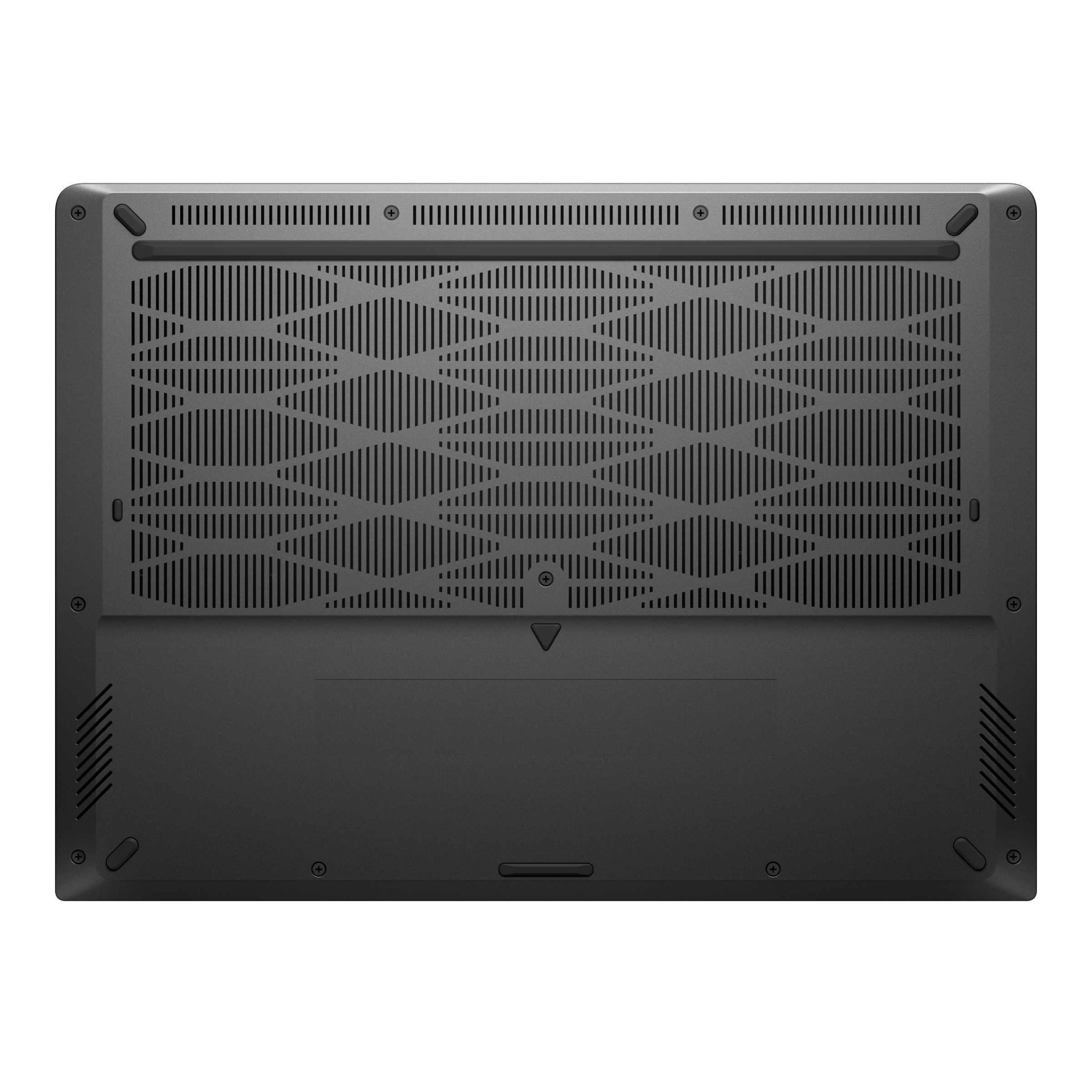 Spód czarnego laptopa. Posiada otwory wentylacyjne, śruby i prostokątny panel pośrodku.