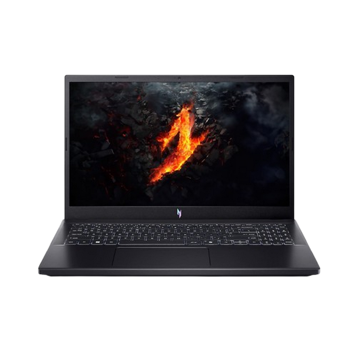Un portátil negro muestra una imagen abstracta y ardiente. La pantalla está abierta y el teclado es visible.