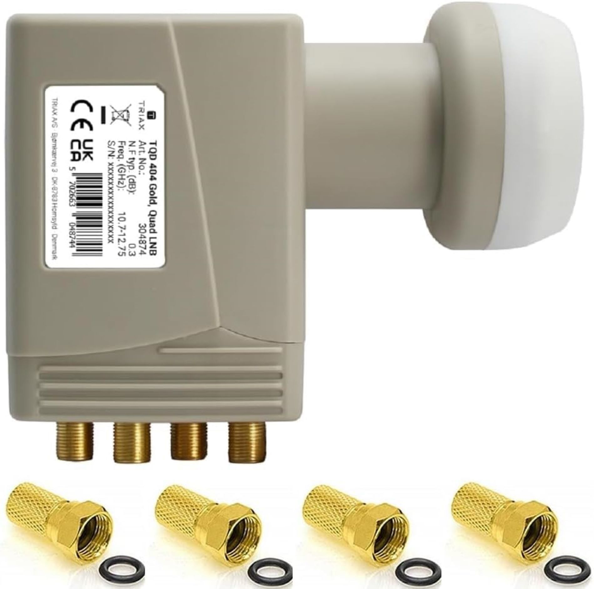 Graues LNB mit vier Gold-Anschlüssen. Weiße Kappe. Weißer Hintergrund.