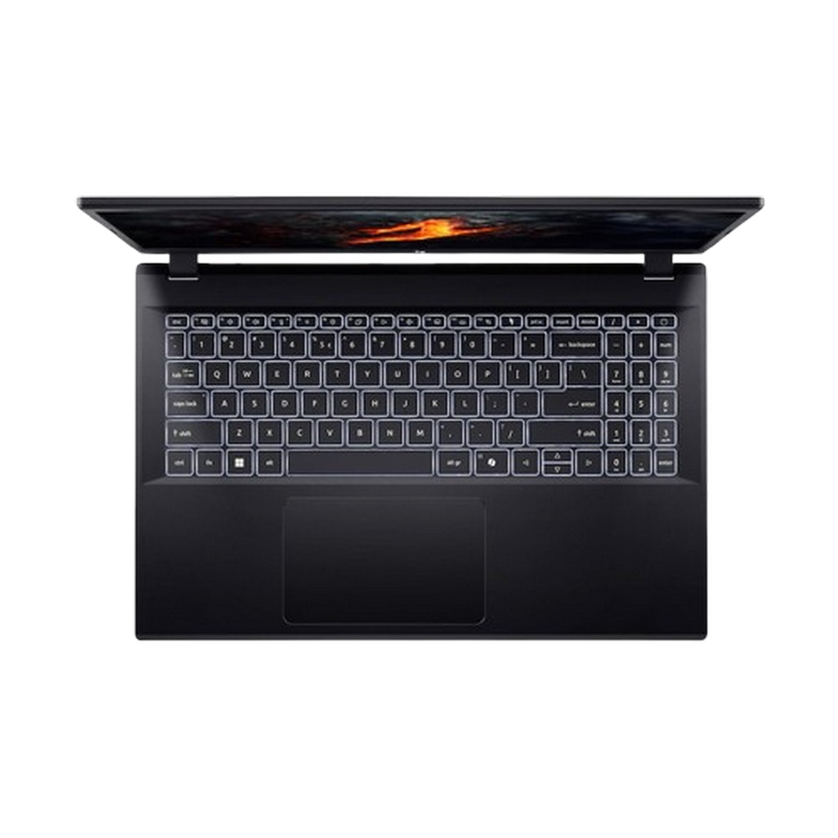 Teclado de portátil desde arriba. Negro, teclas iluminadas. Pantalla abierta, mostrando imagen naranja.