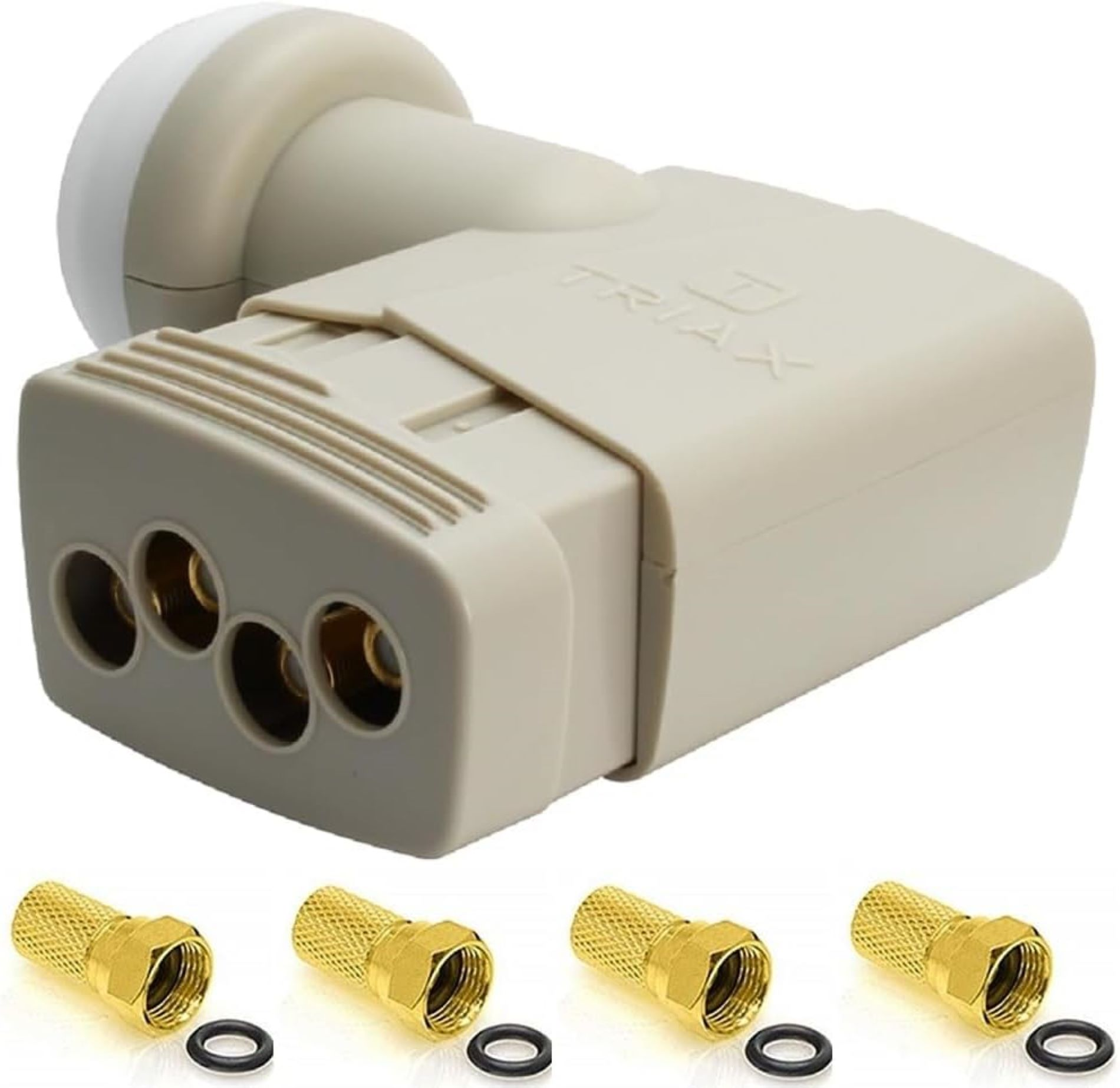 Satellitenempfänger. Beige mit goldenen Anschlüssen und weißem Oberteil. Vier goldene Anschlüsse und schwarze Ringe.