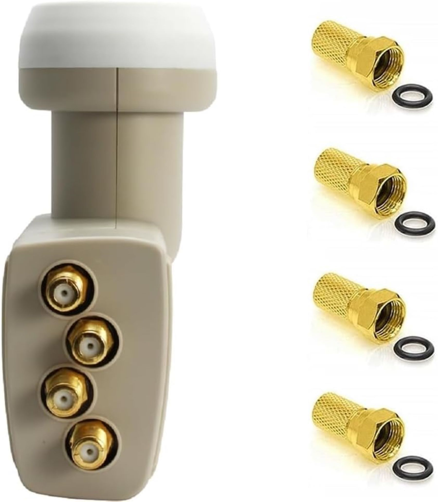 Ein Satellitenempfänger und vier goldfarbene Stecker mit schwarzen Ringen. Weiß und beige.