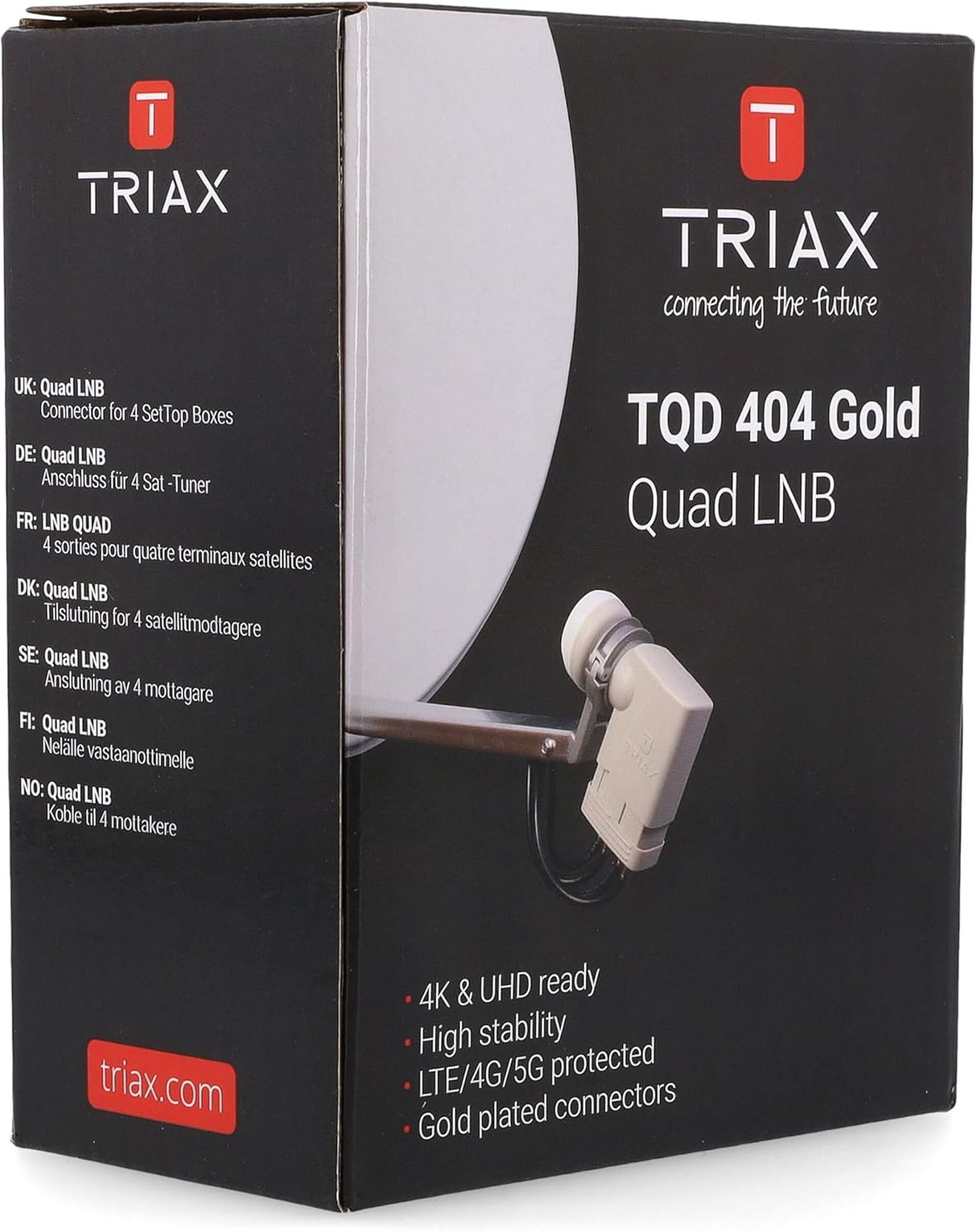 Eine schwarz-weiße Box mit einer Satellitenschüsselgrafik und Produktdetails.