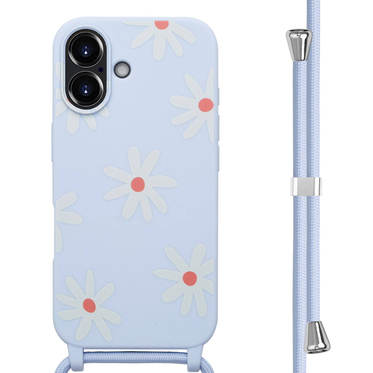 Een lichtblauw telefoonhoesje met witte madeliefbloemen en een lichtblauw koord.
