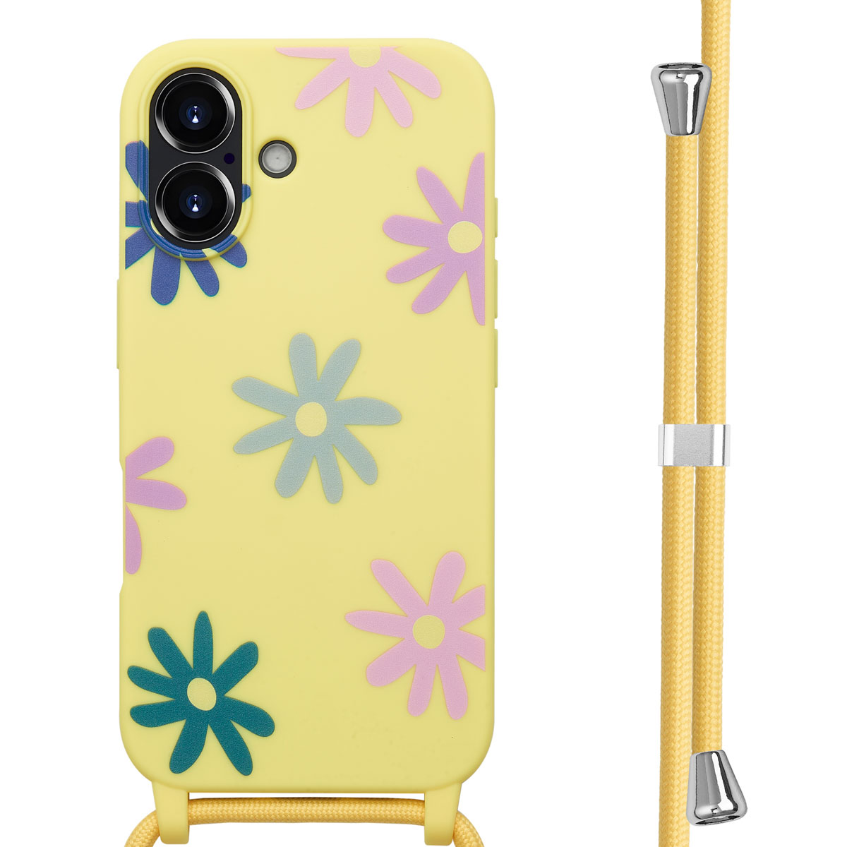 Gele telefoonhoes met bloemenpatroon en gele band.