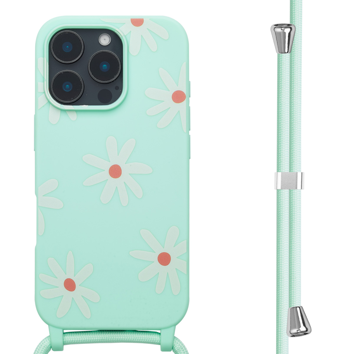 Mint telefoonhoesje met madeliefpatroon en een bijpassend koord. Het koord heeft zilveren metalen accenten.