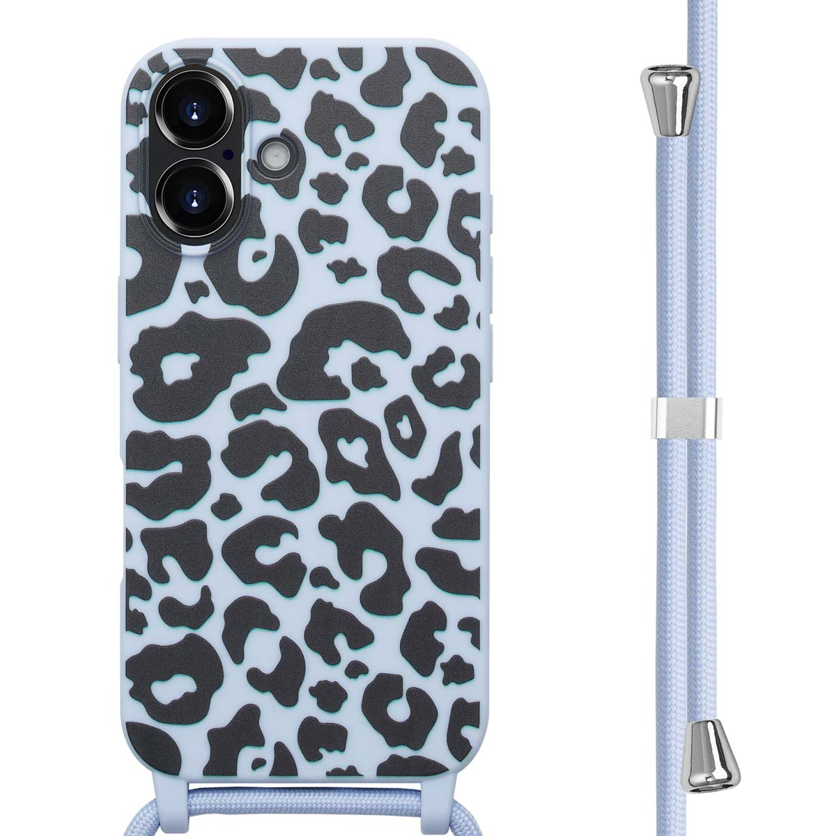 Telefoonhoesje met luipaardprint en lichtblauw koord.