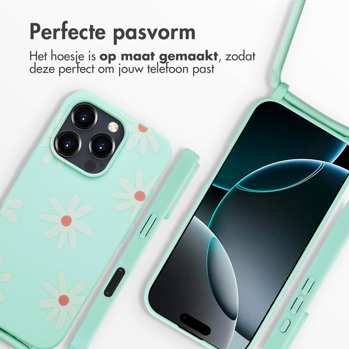 Een telefoonhoesje met madeliefpatroon wordt getoond naast een telefoon met de hoes en een groene band.