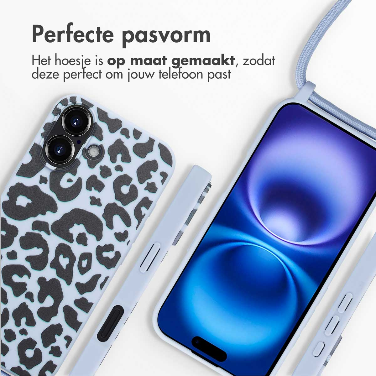 Een telefoonhoesje met een luipaardprint en een telefoon. De telefoon is blauw.