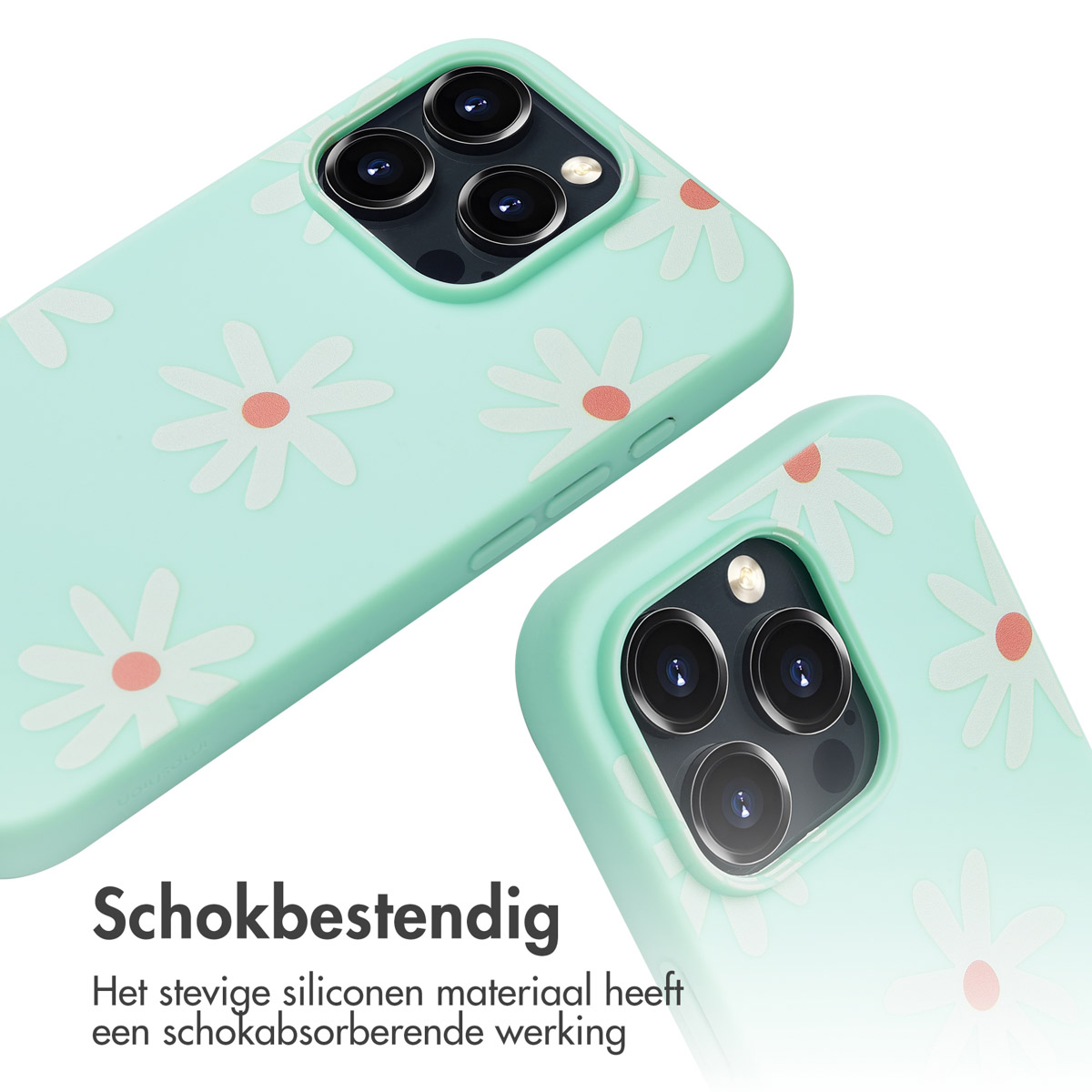 Twee telefoonhoesjes met madeliefpatroon, lichtgroene kleur, met tekst "Schokbestendig".