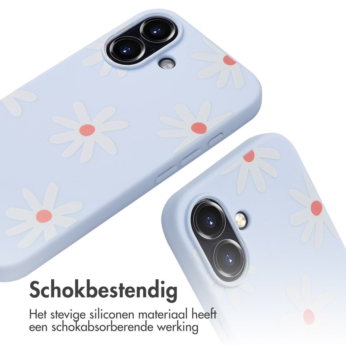 Twee lichtblauwe telefoonhoesjes met een wit madeliefpatroon.