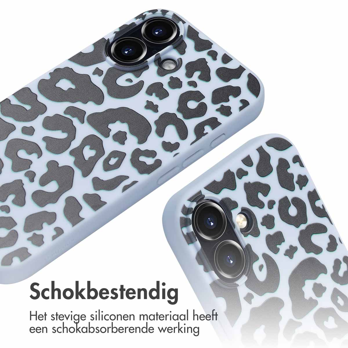 Er worden twee telefoonhoesjes met een luipaardprint getoond. De hoesjes zijn lichtblauw en de print is donkergrijs.