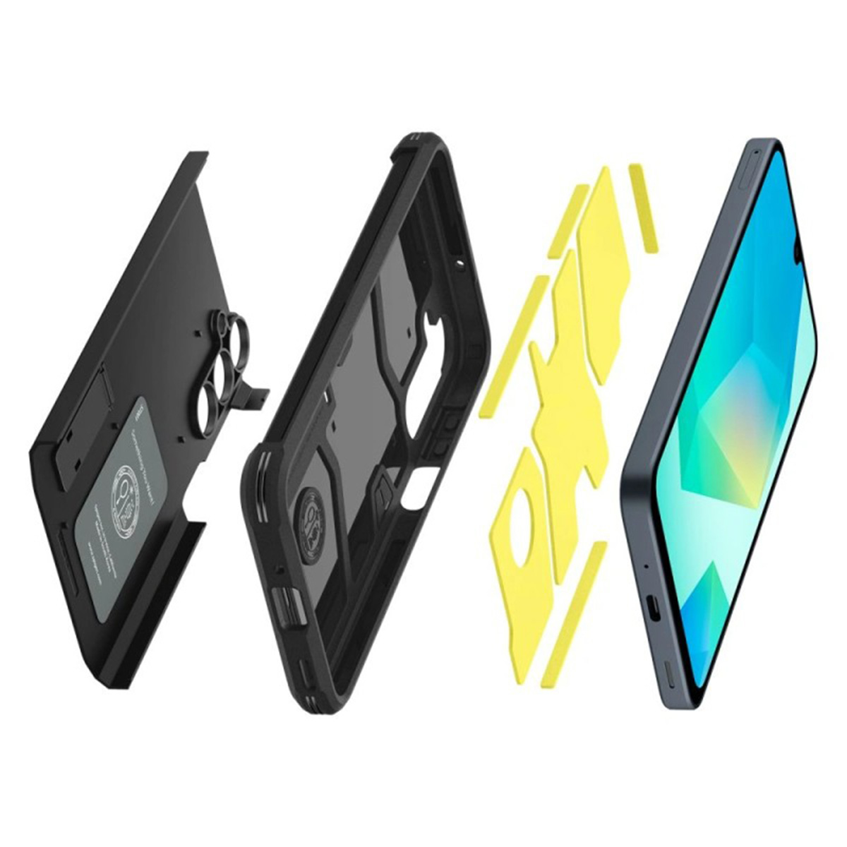 Elementy obudowy telefonu eksplodowały, pokazując części obudowy i telefon.