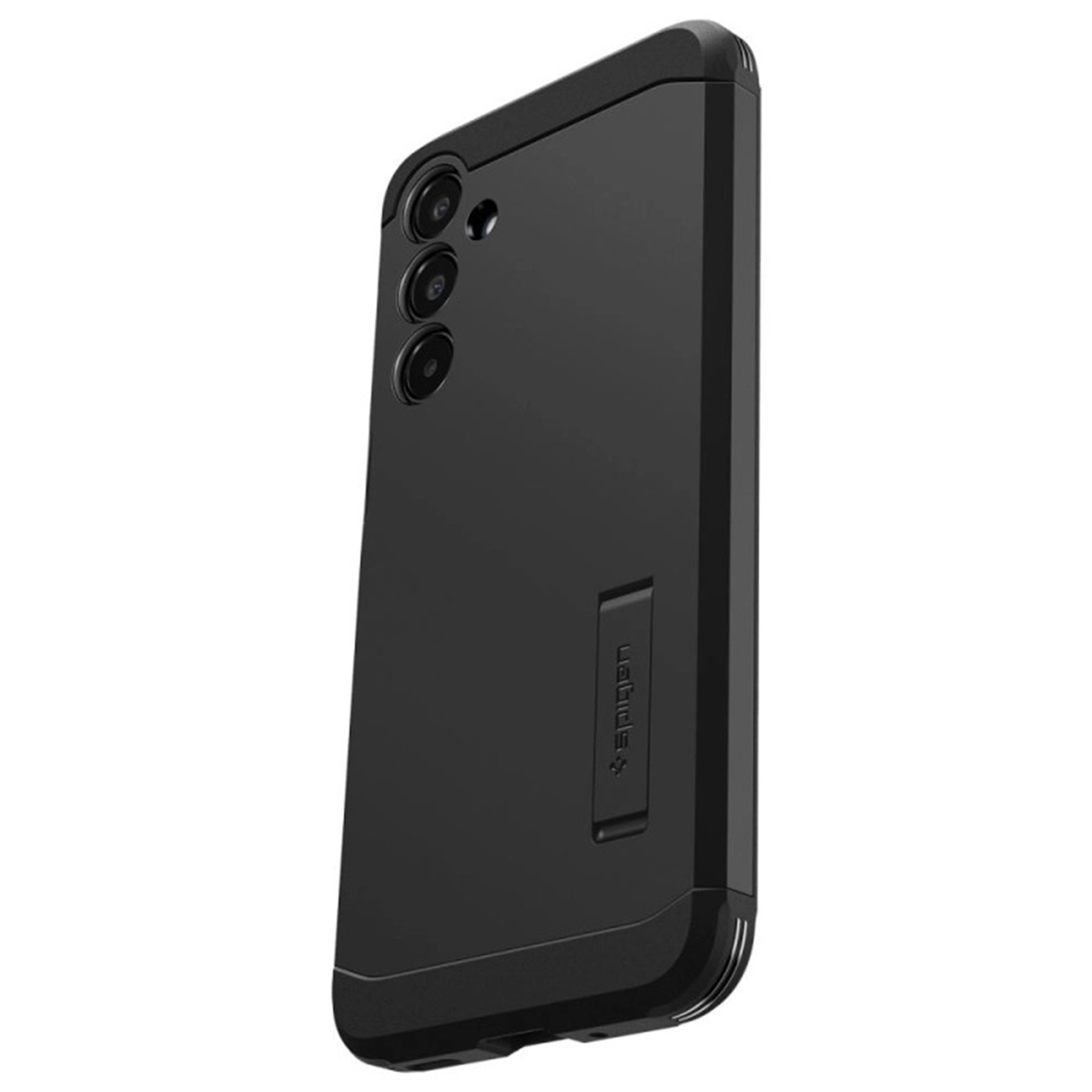 Czarne etui na telefon z matowym wykończeniem. Tył z trzema obiektywami i podpórką.