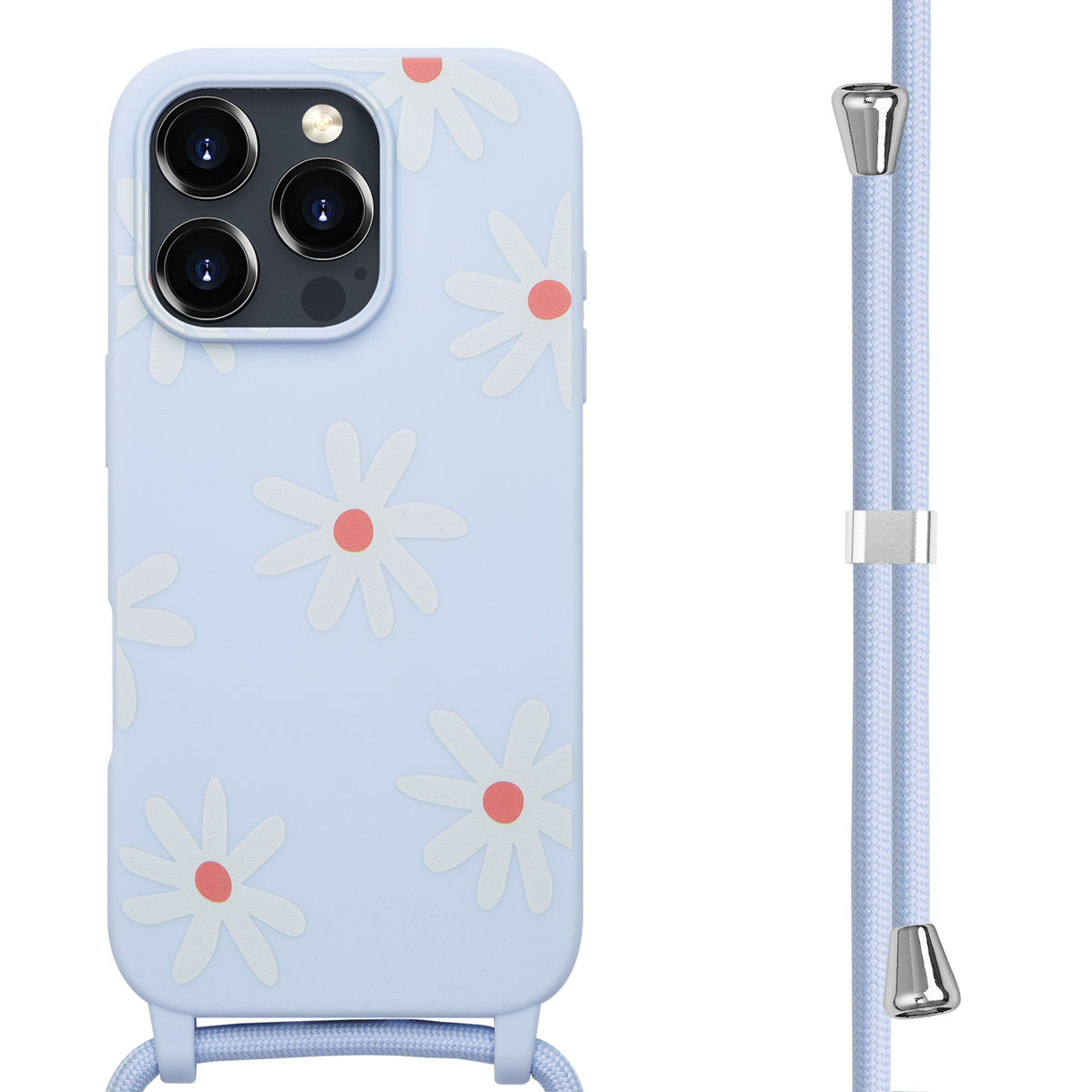 Lichtblauwe telefoonhoes met madeliefjespatroon en een blauw koord. De telefoon heeft meerdere camera's.