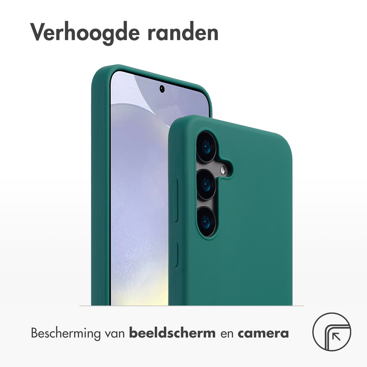 Due custodie verdi per telefono una accanto all'altra, proteggono i telefoni. Testo sulla protezione dello schermo e della fotocamera.