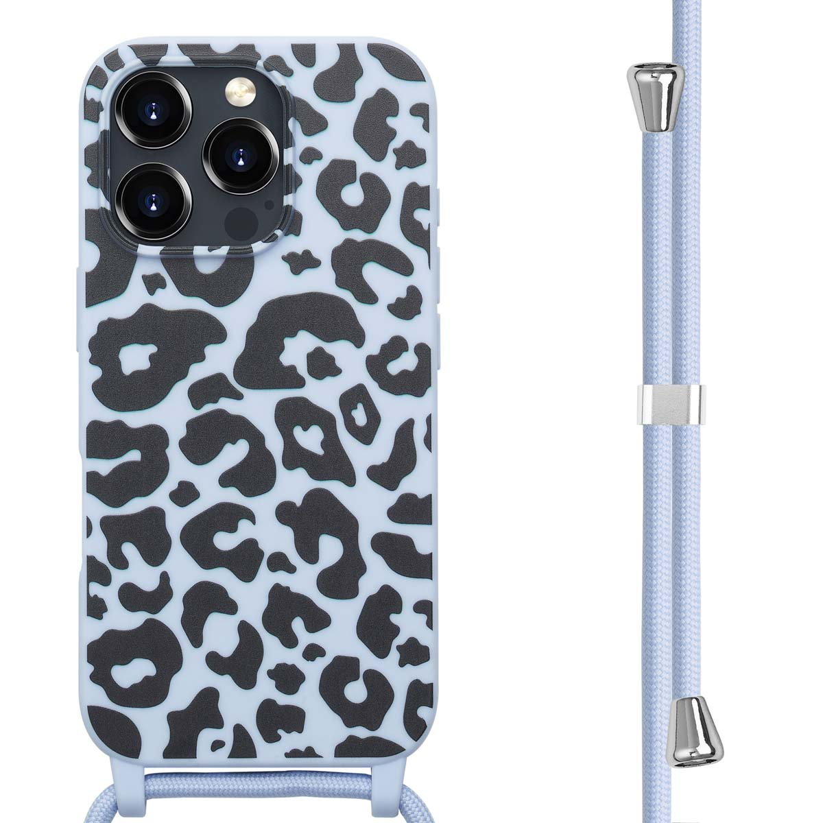 Telefoonhoesje met luipaardprint, lichtblauwe en zwarte kleuren. Hoesje is verbonden met een lichtblauw koord.