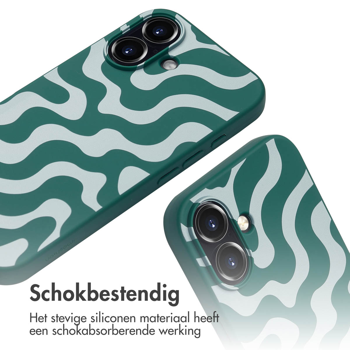 Twee groene telefoonhoesjes, met een golvend wit patroon, worden van dichtbij getoond. De tekst 'Schokbestendig' is zichtbaar.