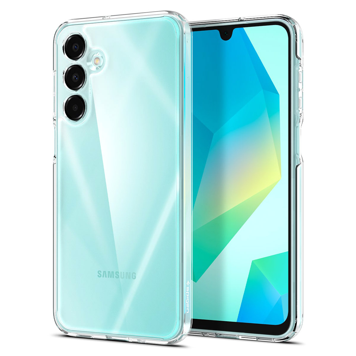Twee doorzichtige telefoonhoesjes, één met een telefoon met drie camera's, de andere leeg. Witte achtergrond.