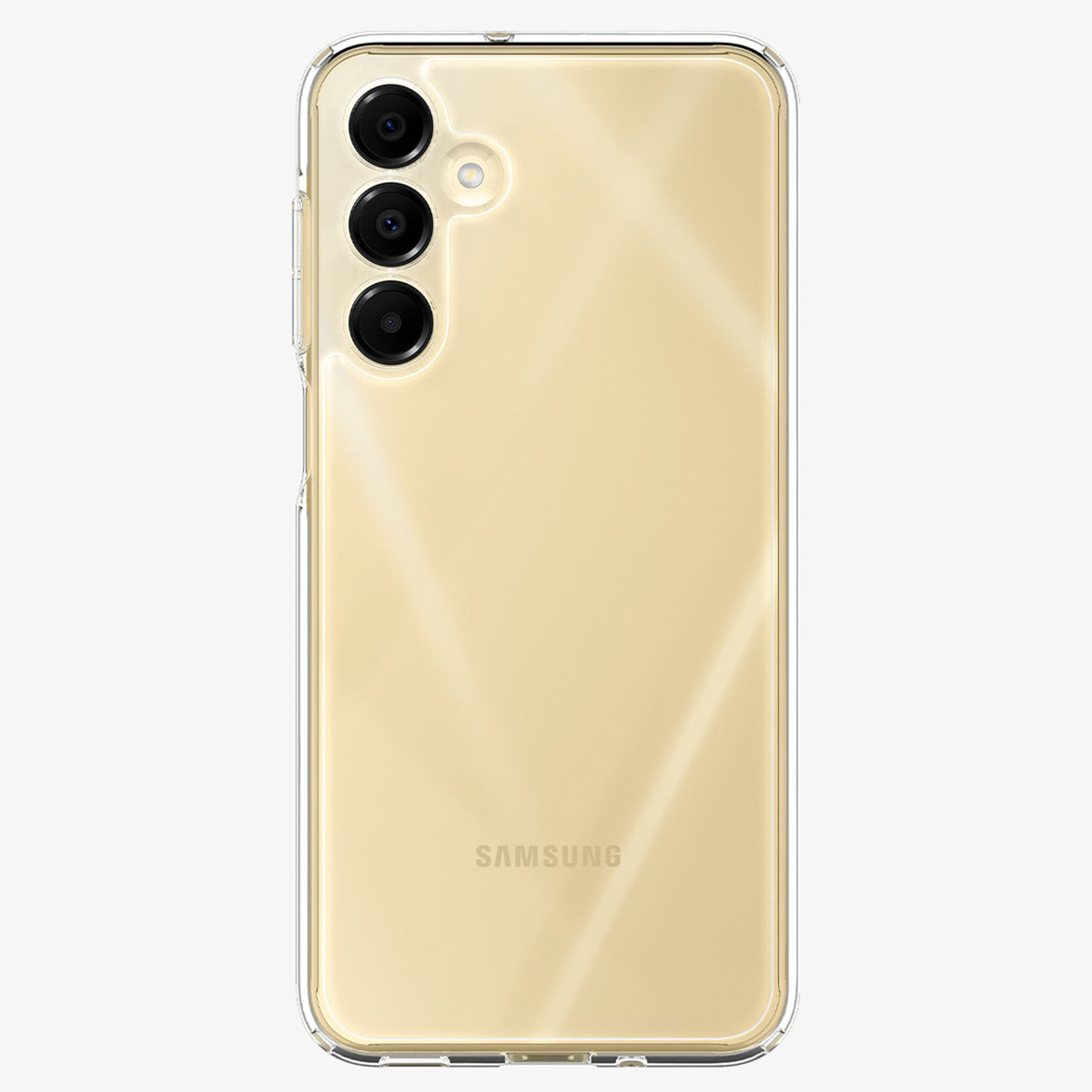 Gele telefoonhoes met drie cameraholes, transparant, witte achtergrond, recht van voren bekeken.