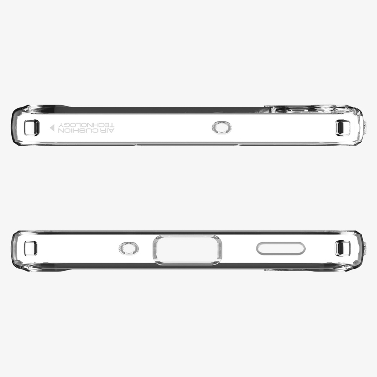 Twee doorzichtige telefoonhoesjes, met oplaadpoorten en zijknoppen.