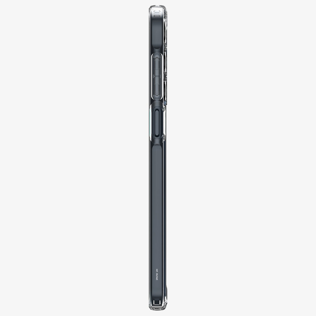 Een doorzichtige telefoonhoes, die het zijprofiel van een telefoon met knoppen en een transparant ontwerp laat zien.